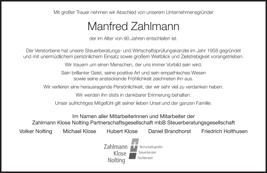 Anzeige von Manfred Zahlmann von Mindener Tageblatt