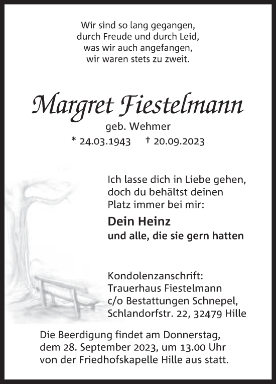 Anzeige von Margret Fiestelmann von Mindener Tageblatt