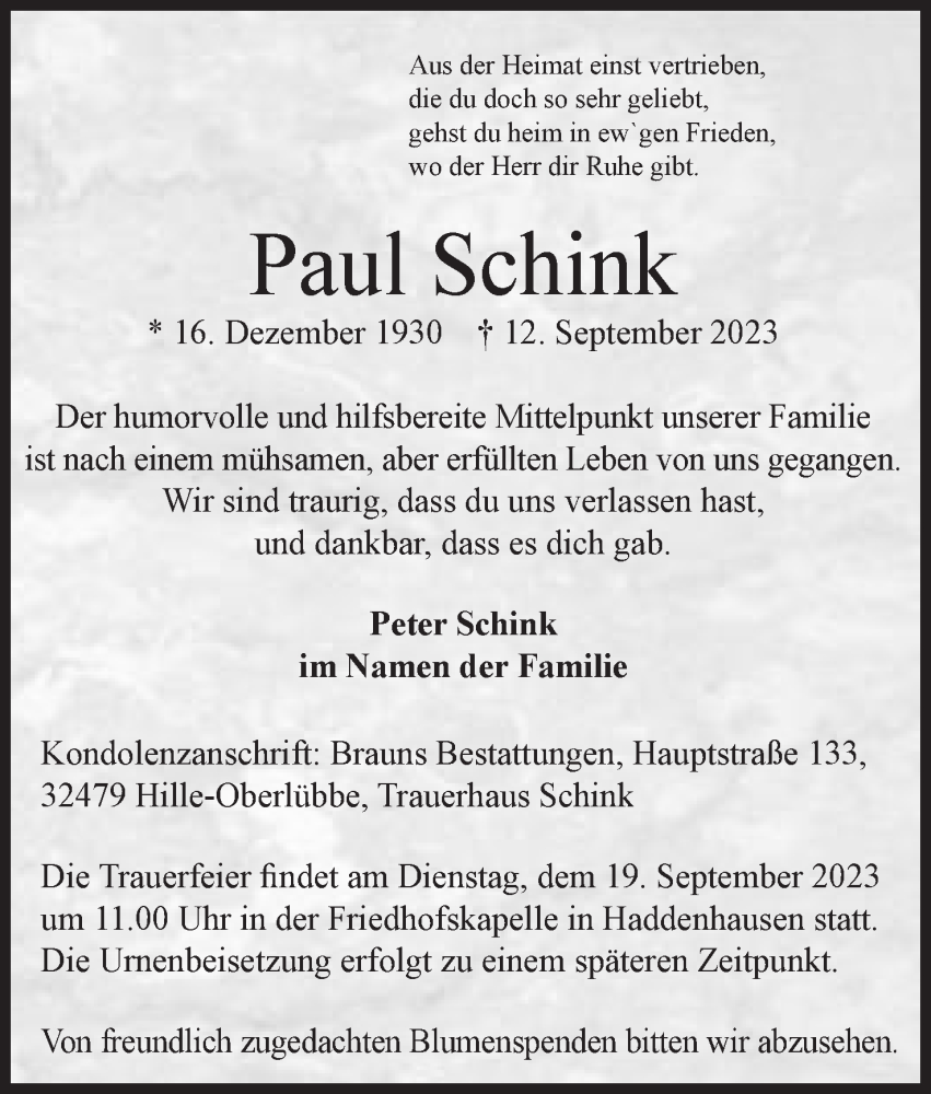  Traueranzeige für Paul Schink vom 16.09.2023 aus Mindener Tageblatt