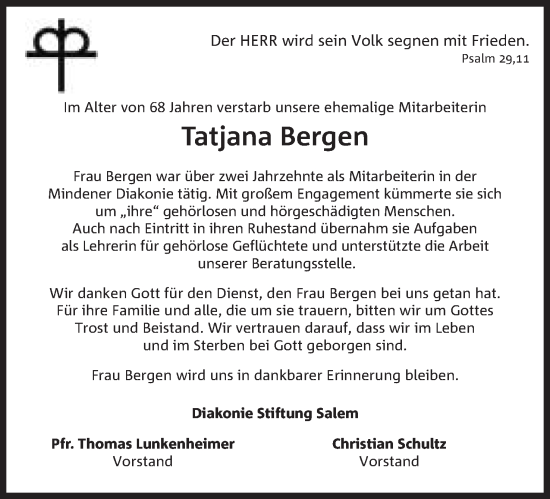 Anzeige von Tatjana Bergen von Mindener Tageblatt