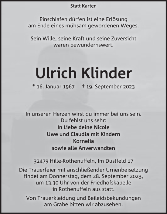 Anzeige von Ulrich Klinder von Mindener Tageblatt