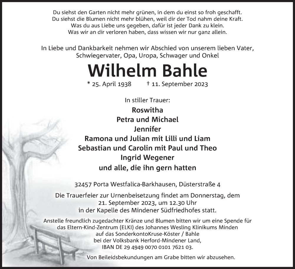  Traueranzeige für Wilhelm Bahle vom 16.09.2023 aus Mindener Tageblatt