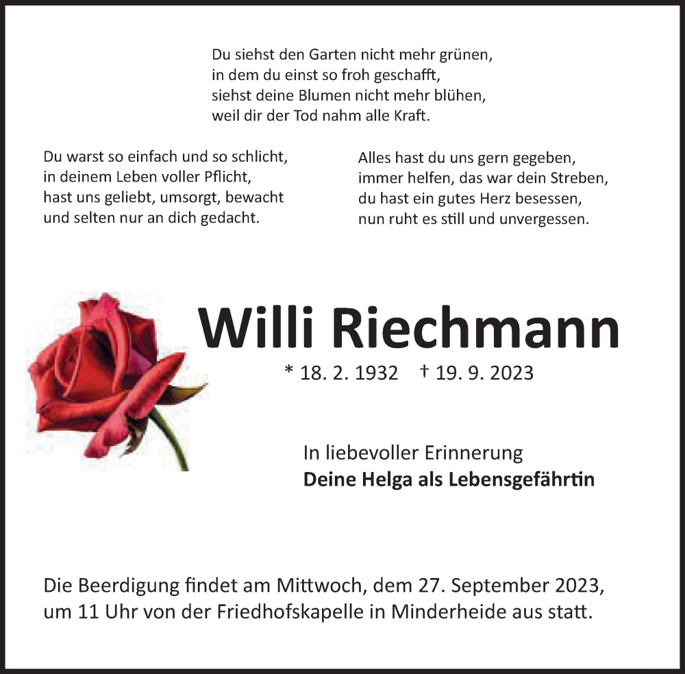  Traueranzeige für Willi Riechmann vom 23.09.2023 aus Mindener Tageblatt