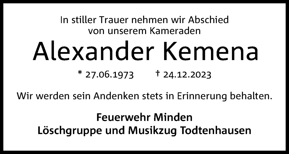 Traueranzeige für Alexander Kemena vom 11.01.2024 aus 4401