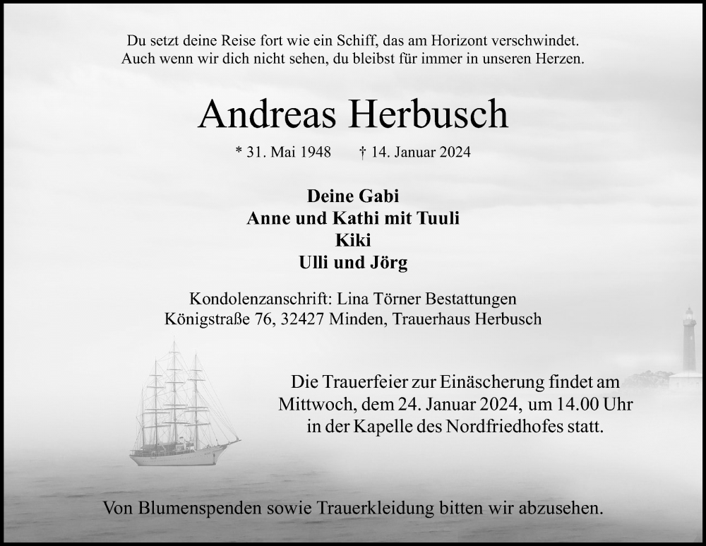  Traueranzeige für Andreas Herbusch vom 20.01.2024 aus 4401