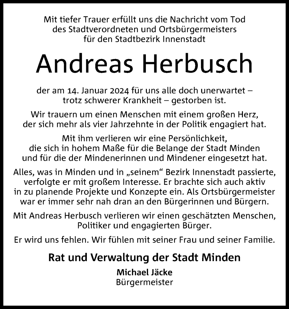  Traueranzeige für Andreas Herbusch vom 20.01.2024 aus 4401