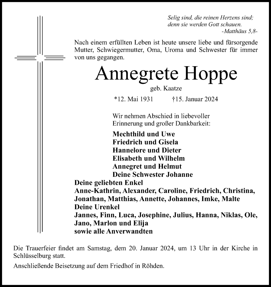 Traueranzeigen von Annegrete Hoppe | Trauer.MT.de