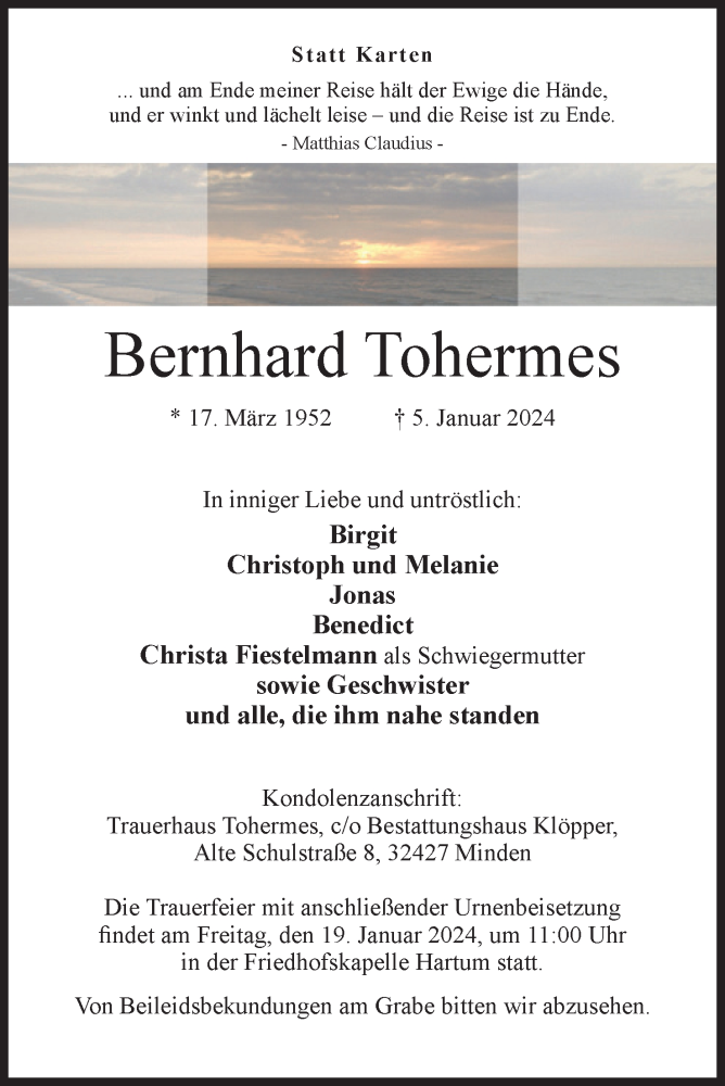  Traueranzeige für Bernhard Tohermes vom 13.01.2024 aus 4401
