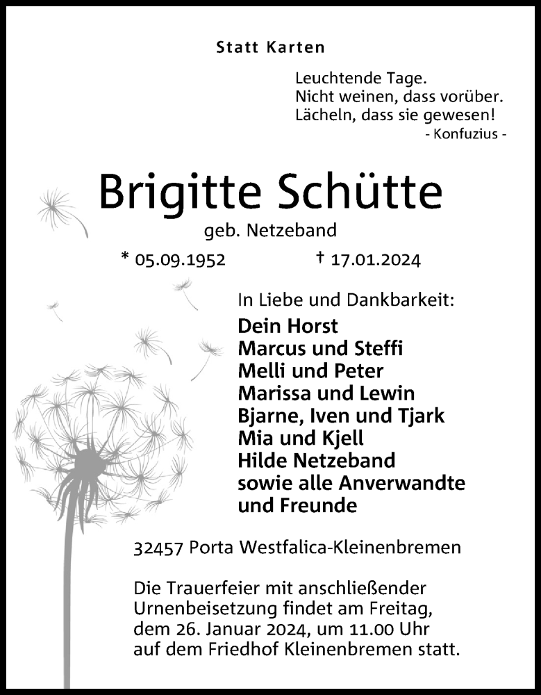  Traueranzeige für Brigitte Schütte vom 20.01.2024 aus 4401