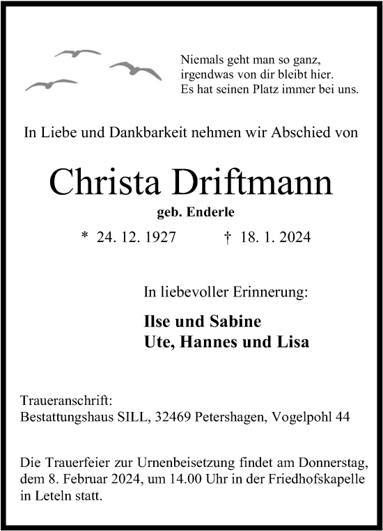 Anzeige von Christa Driftmann von 4401