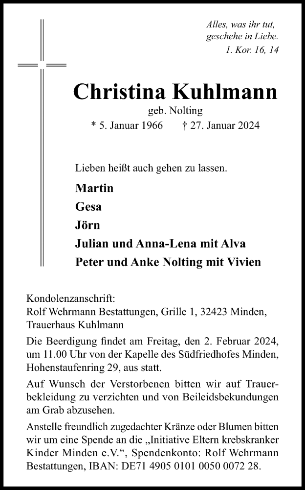  Traueranzeige für Christina Kuhlmann vom 30.01.2024 aus 4401