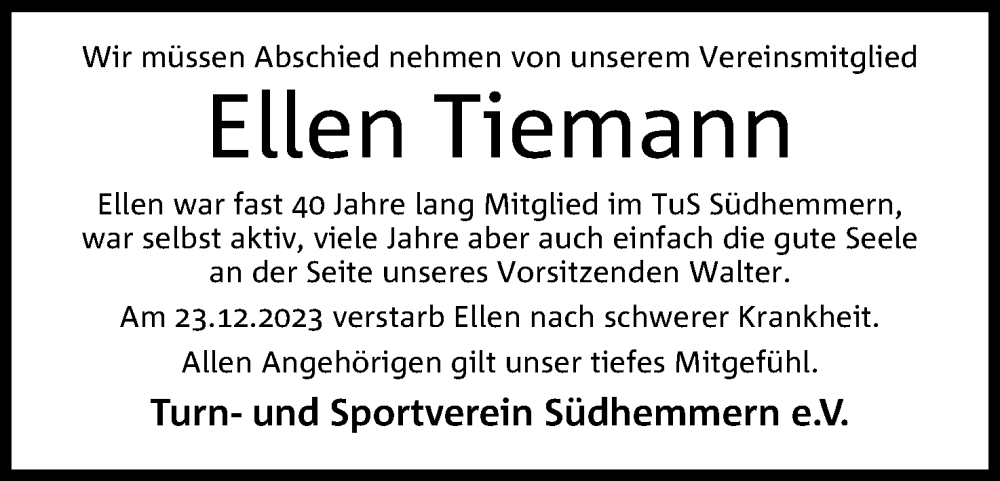  Traueranzeige für Ellen Tiemann vom 03.01.2024 aus 4401