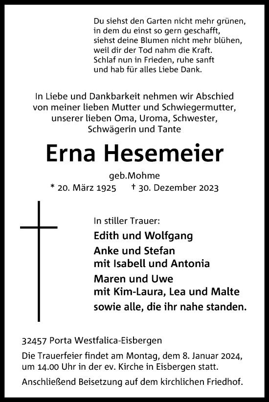 Anzeige von Erna Hesemeier von 4401