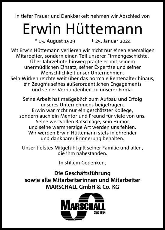 Anzeige von Erwin Hüttemann von 4401