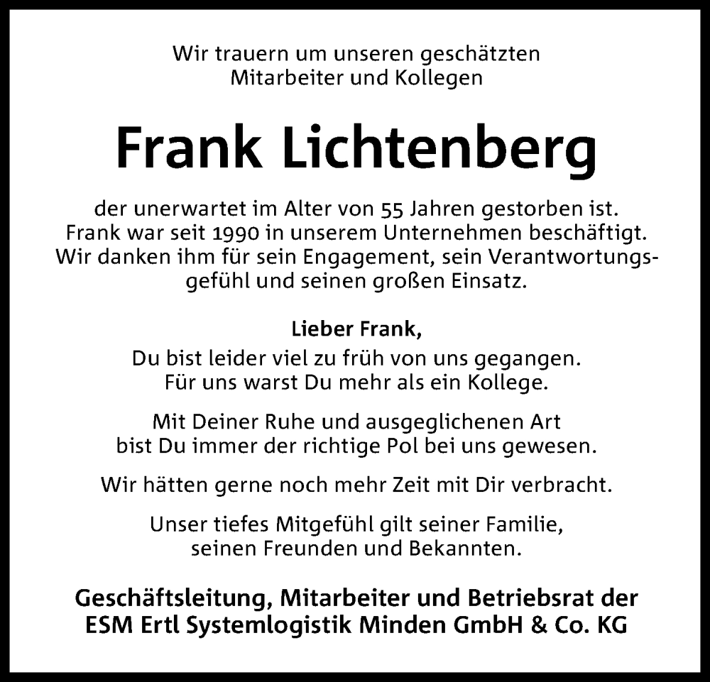  Traueranzeige für Frank Lichtenberg vom 20.01.2024 aus 4401