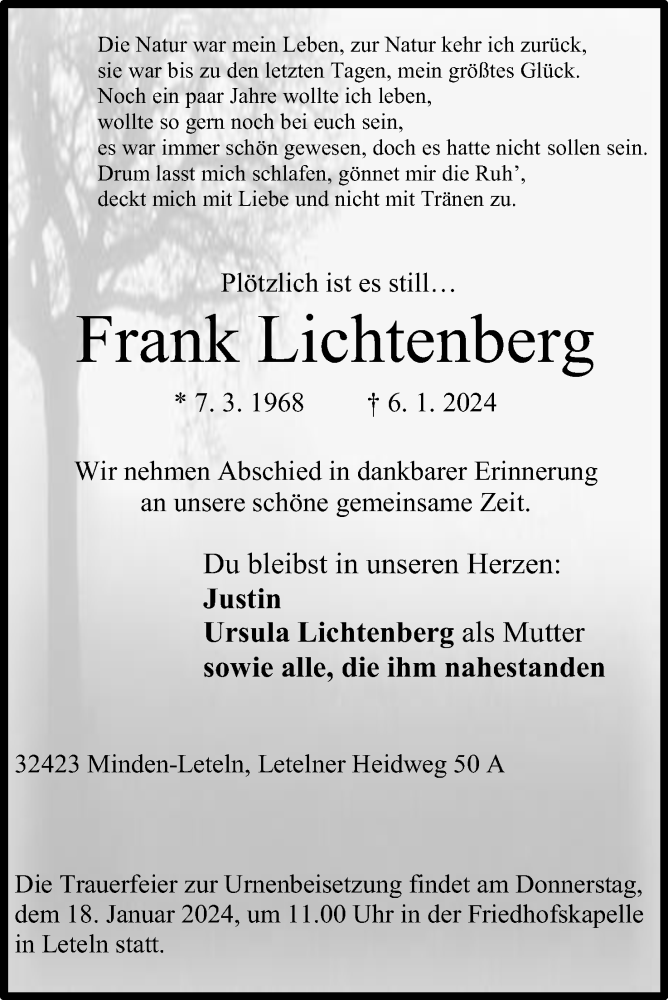  Traueranzeige für Frank Lichtenberg vom 13.01.2024 aus 4401
