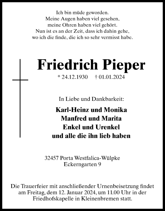 Anzeige von Friedrich Pieper von 4401