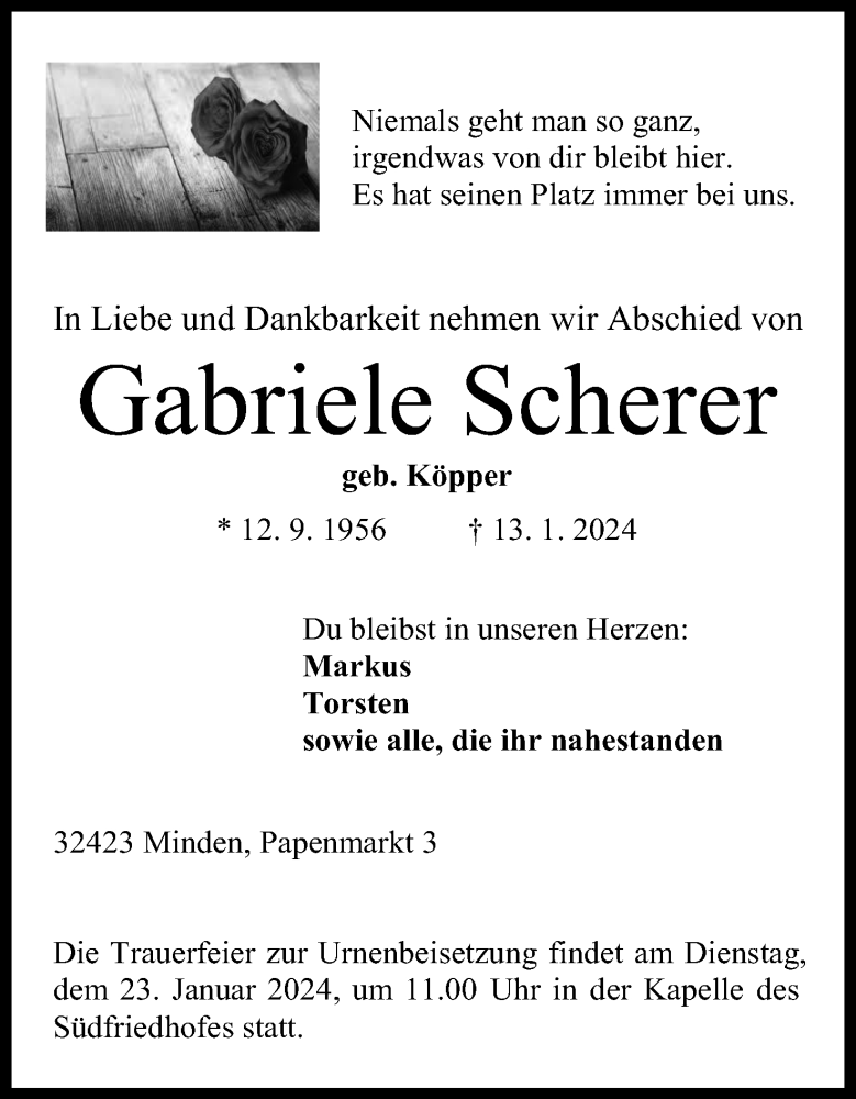  Traueranzeige für Gabriele Scherer vom 20.01.2024 aus 4401