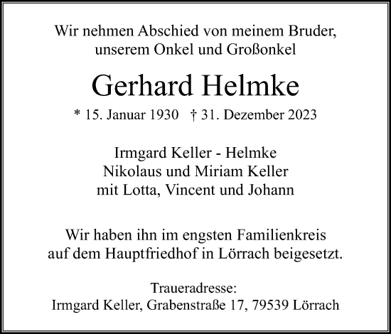 Anzeige von Gerhard Helmke von 4401