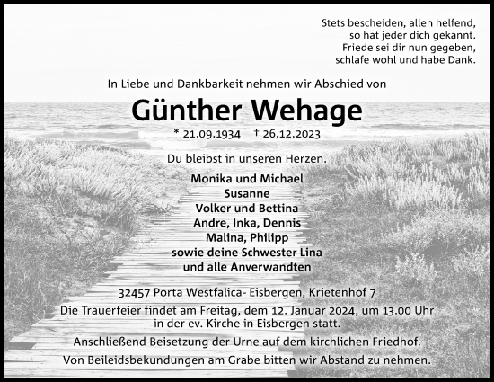 Anzeige von Günther Wehage von 4401