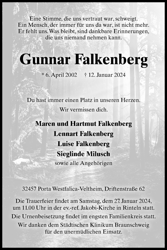  Traueranzeige für Gunnar Falkenberg vom 20.01.2024 aus 4401