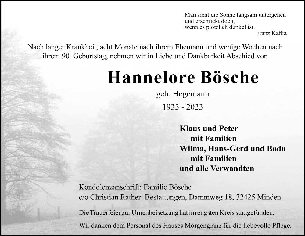  Traueranzeige für Hannelore Bösche vom 06.01.2024 aus 4401