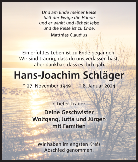 Anzeige von Hans-Joachim Schläger von 4401