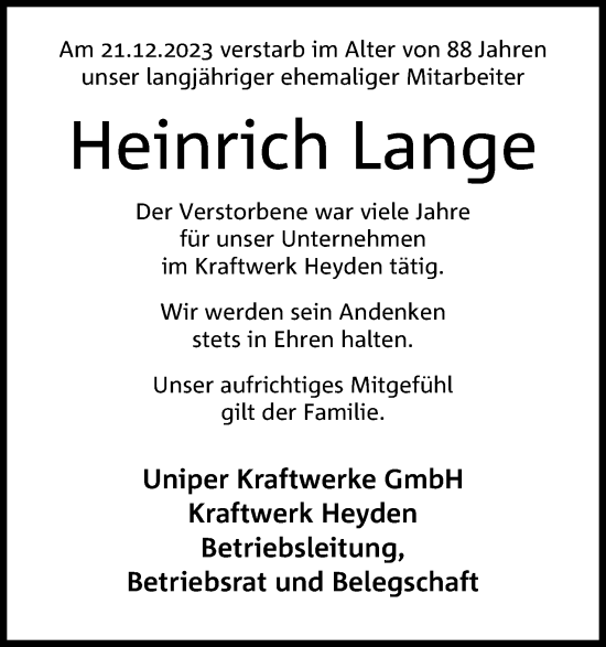 Anzeige von Heinrich Lange von 4401