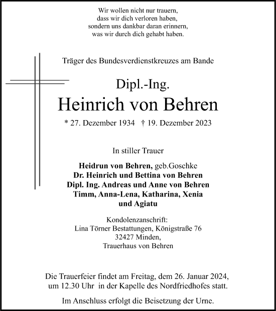 Anzeige von Heinrich von Behren von 4401