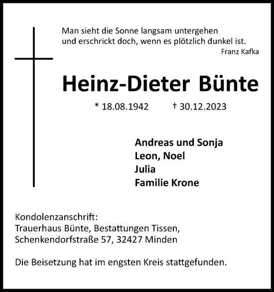 Anzeige von Heinz-Dieter Bünte von 4401