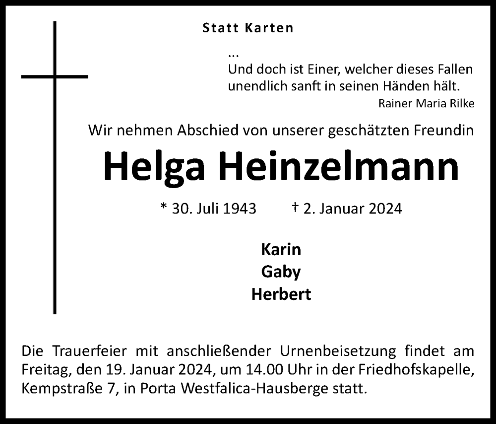  Traueranzeige für Helga Heinzelmann vom 13.01.2024 aus 4401