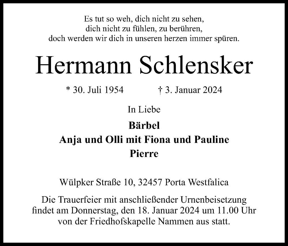  Traueranzeige für Hermann Schlensker vom 16.01.2024 aus 4401