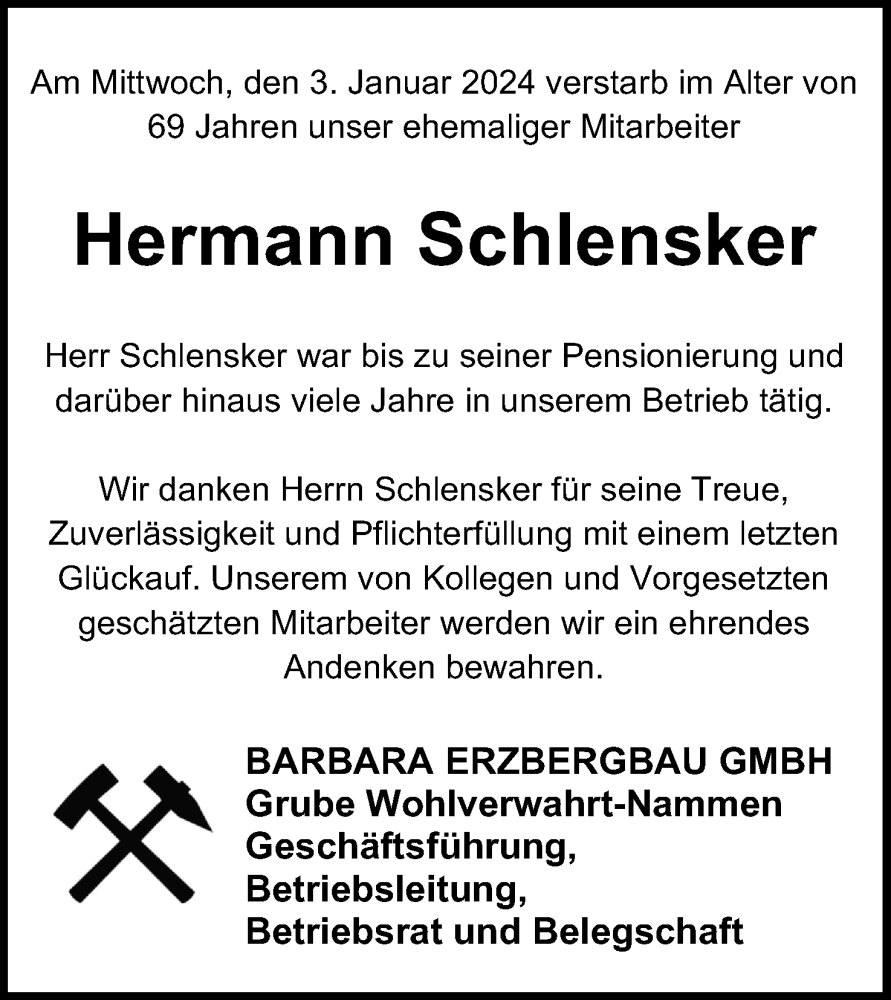  Traueranzeige für Hermann Schlensker vom 17.01.2024 aus 4401