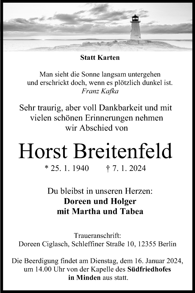  Traueranzeige für Horst Breitenfeld vom 13.01.2024 aus 4401