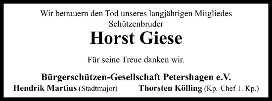 Anzeige von Horst Giese von 4401