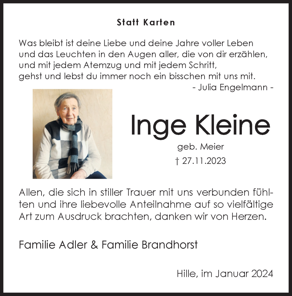  Traueranzeige für Inge Kleine vom 06.01.2024 aus 4401