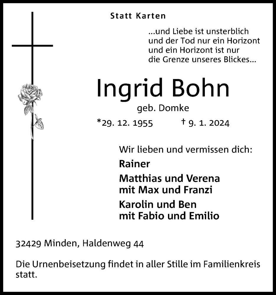  Traueranzeige für Ingrid Bohn vom 13.01.2024 aus 4401