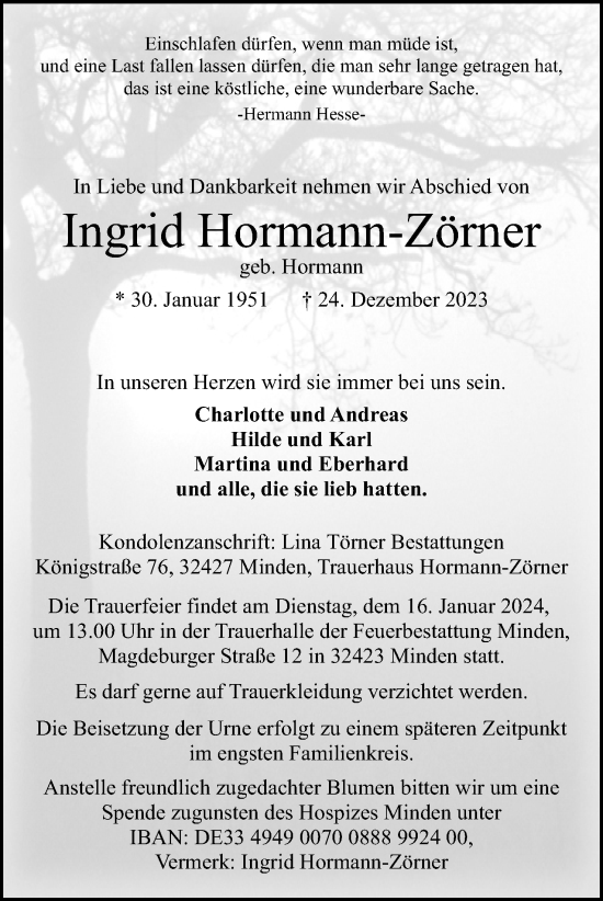 Anzeige von Ingrid Hormann-Zörner von 4401