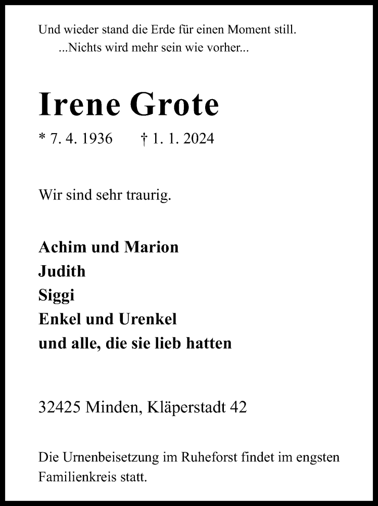  Traueranzeige für Irene Grote vom 06.01.2024 aus 4401