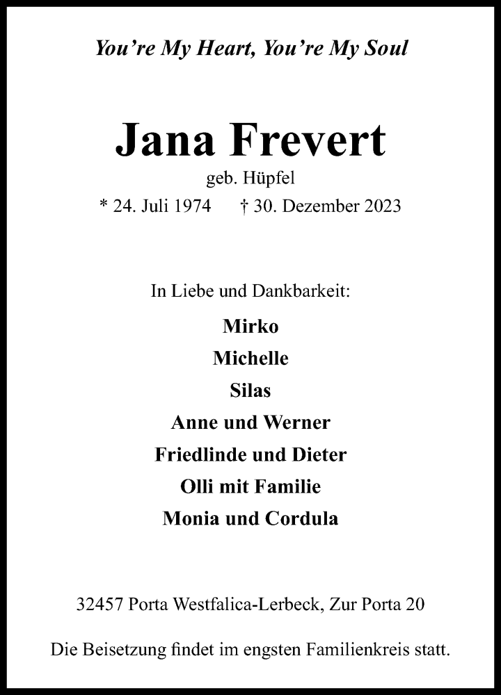  Traueranzeige für Jana Frevert vom 06.01.2024 aus 4401