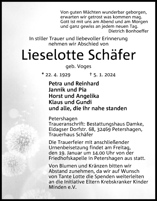 Anzeige von Lieselotte Schäfer von 4401