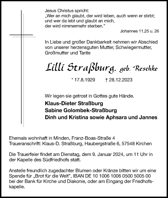 Anzeige von Lilli Straßburg von 4401