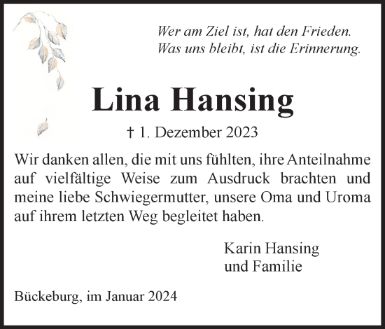 Anzeige von Lina Hansing von 4401