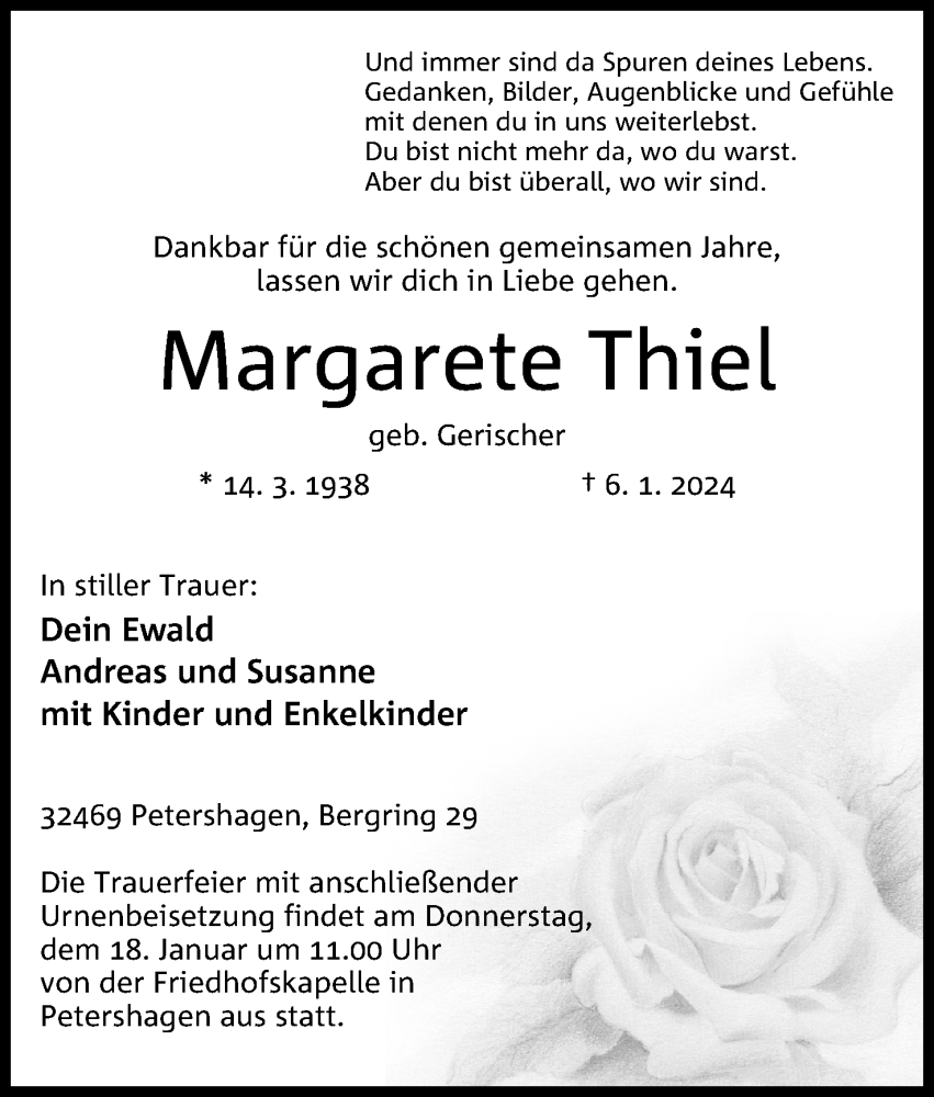 Traueranzeige für Margarete Thiel vom 13.01.2024 aus 4401