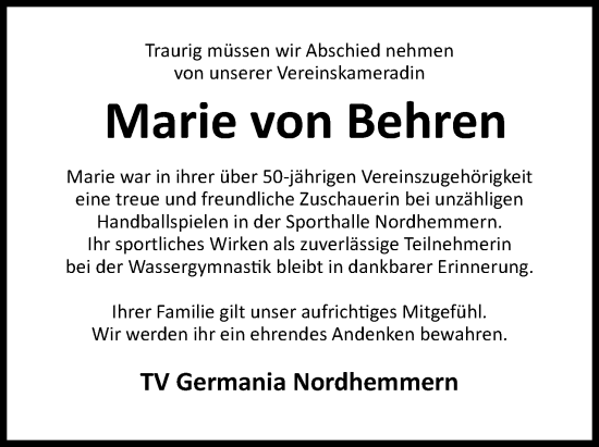 Anzeige von Marie von Behren von 4401