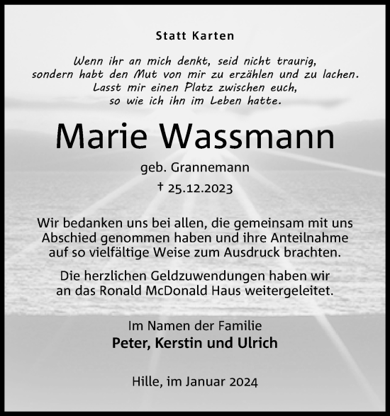 Anzeige von Marie Wassmann von 4401