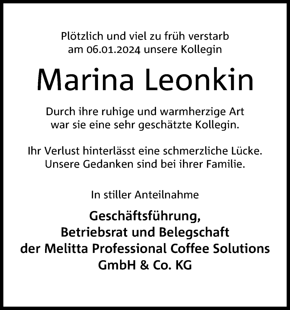  Traueranzeige für Marina Leonkin vom 18.01.2024 aus 4401