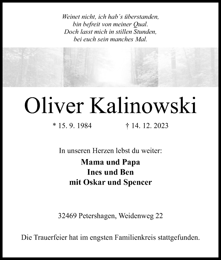  Traueranzeige für Oliver Kalinowski vom 05.01.2024 aus 4401