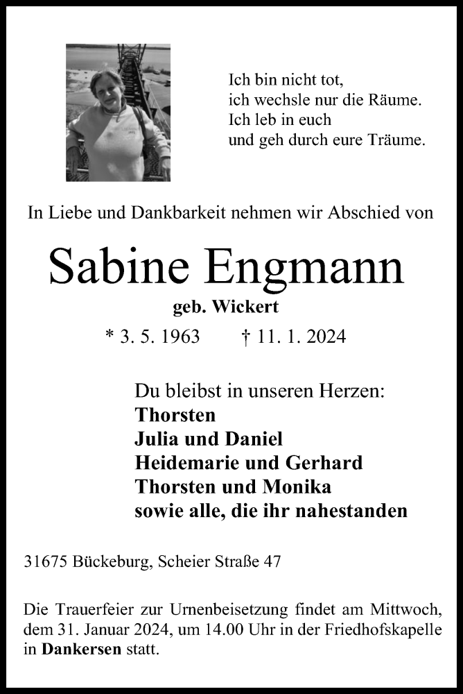  Traueranzeige für Sabine Engmann vom 27.01.2024 aus 4401