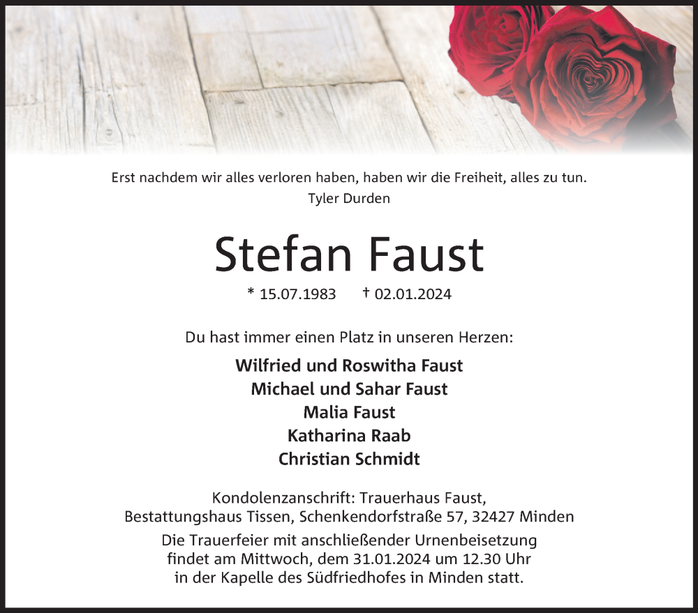 Traueranzeige für Stefan Faust vom 20.01.2024 aus 4401